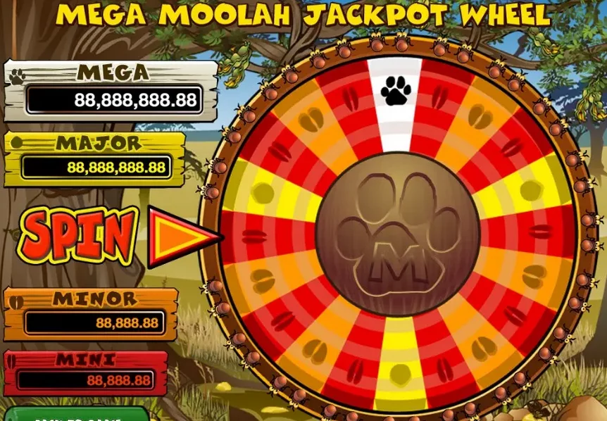 Mega Moolah game interface showing reel layout and progressive jackpot meter